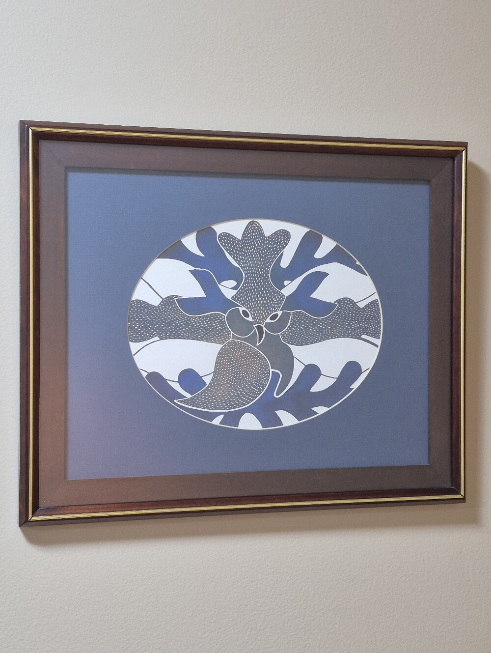 ARTIST KENOJUAK ASHEVAK "Blue Owl" Abstract Bird Design Framed Print Wall Art